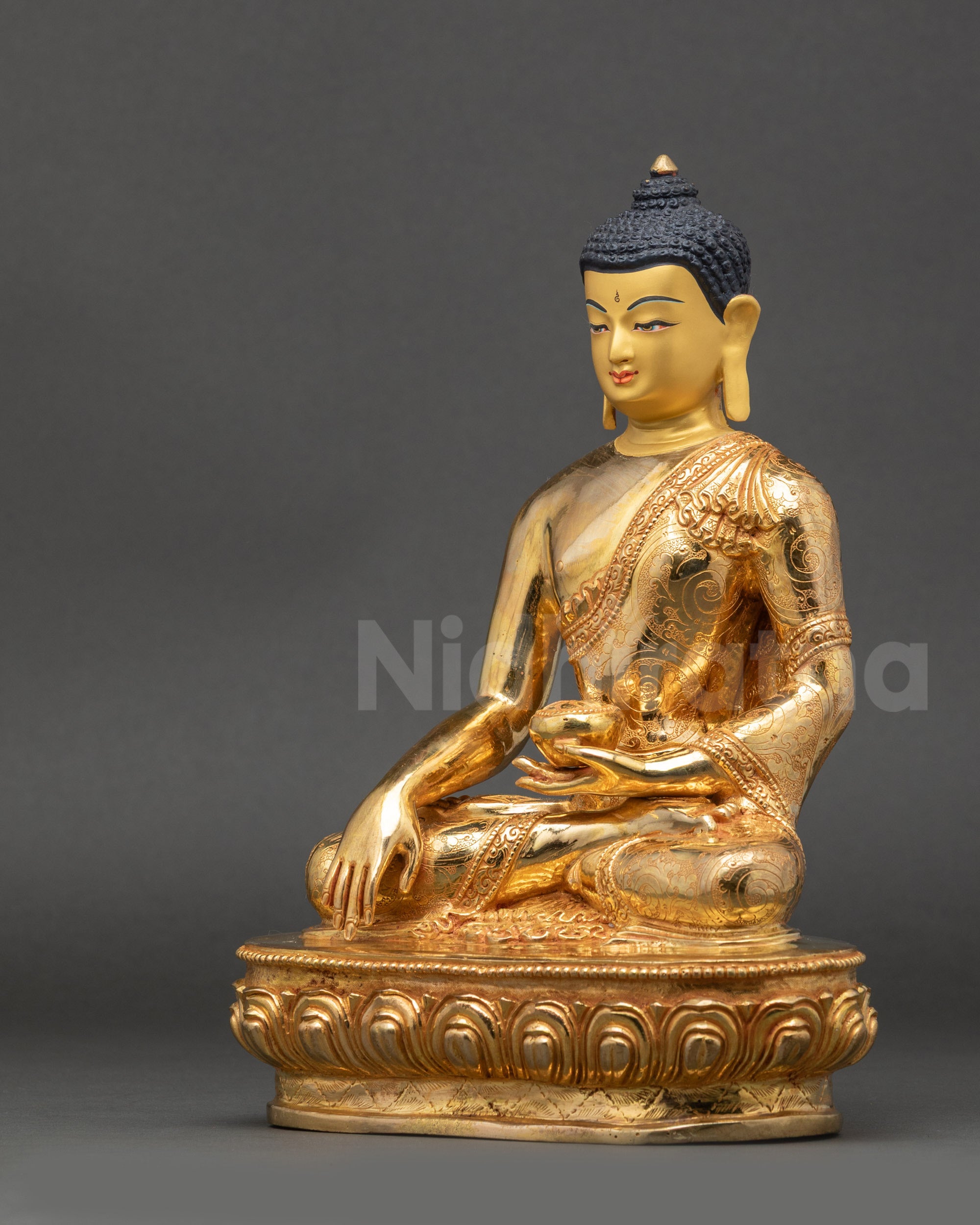 Enlightened One Buddha Statue left side view copper gold-gilded monk robe