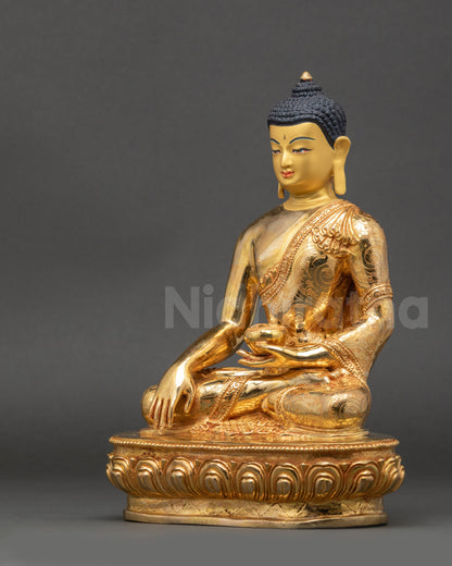 Enlightened One Buddha Statue left side view copper gold-gilded monk robe
