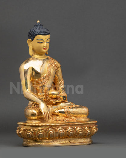 Enlightened One Buddha Statue right side view bhumisparsha mudra lotus base