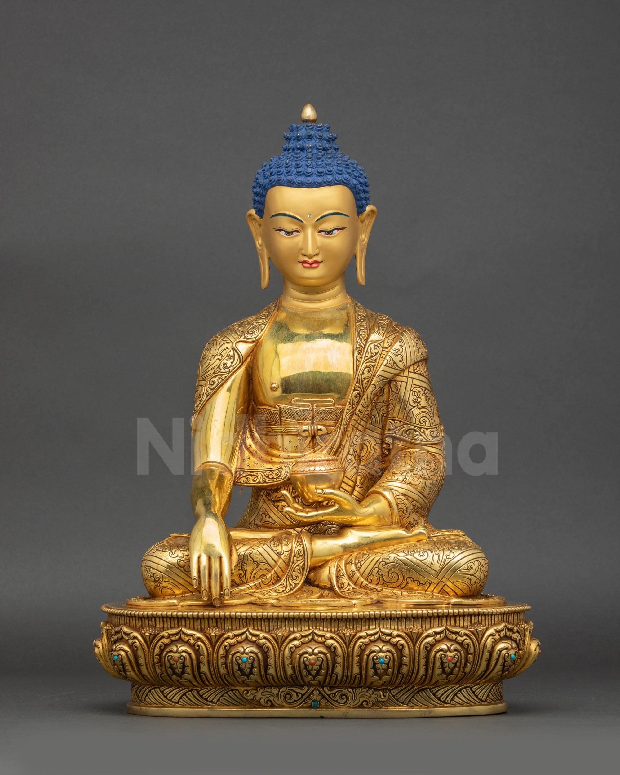 Enlightened Shakyamuni Buddha Sculpture front view gold-gilded copper statue