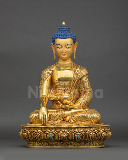 Enlightened Shakyamuni Buddha Sculpture front view gold-gilded copper statue