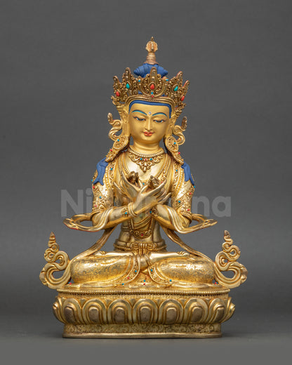 Enlightened Vajradhara Buddha Statue front view gold-gilded copper Nepalese art