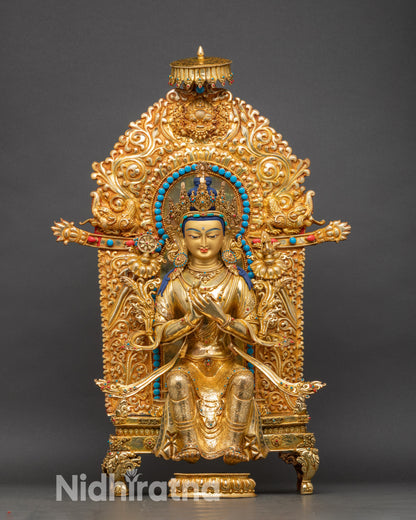 Enthroned Maitreya Buddha statue handcrafted in Nepal with gold fire-gilded copper