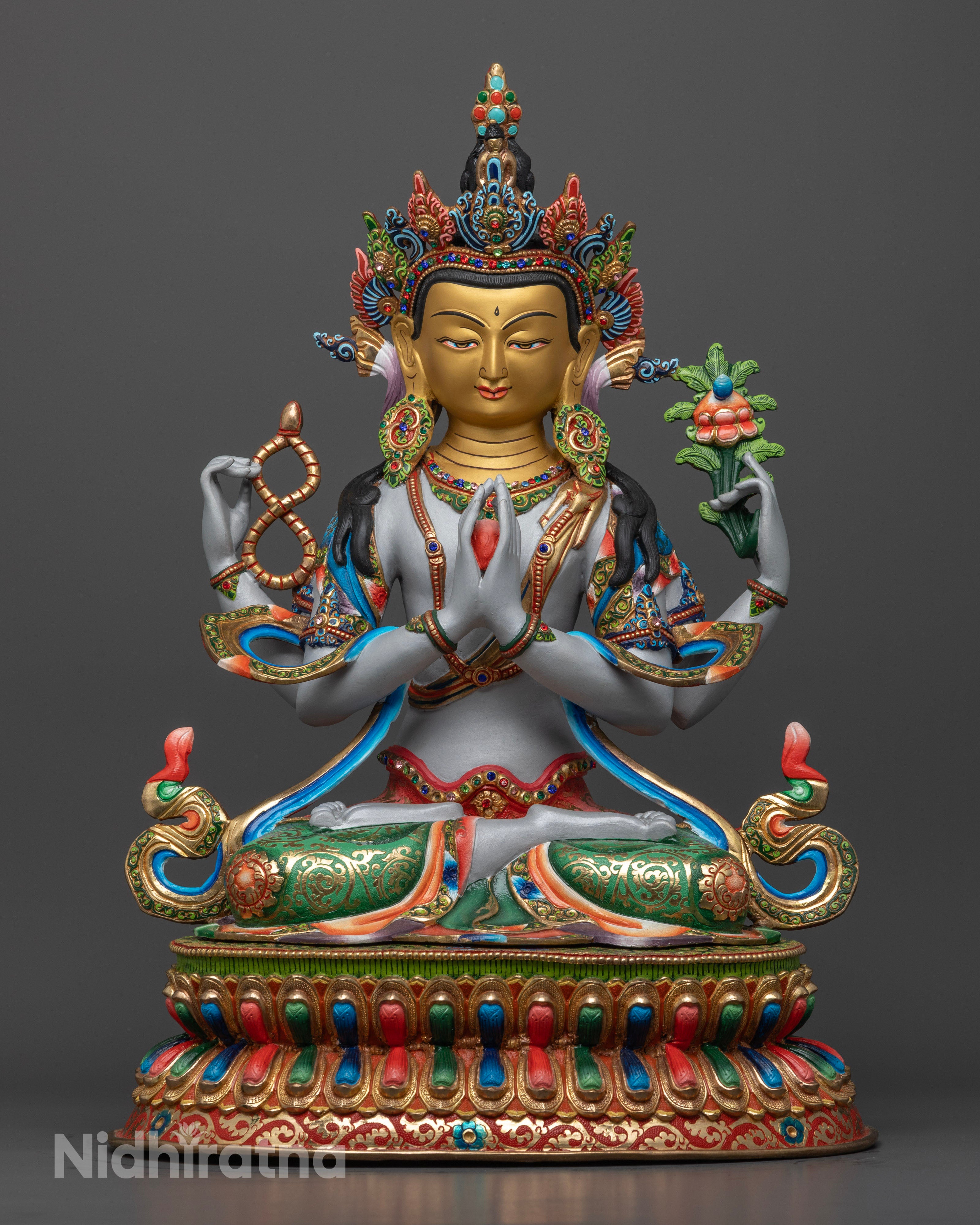 Exquisite 49cm tall Chenrezig statue handcrafted in Patan, Nepal, made from high-quality copper with a radiant 24k gold-plated face and vibrant acrylic embellishments.