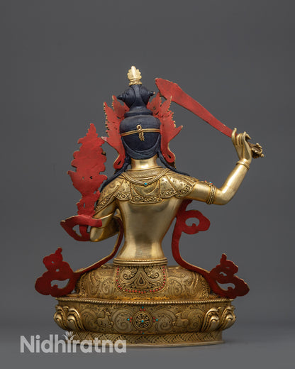Exquisite Manjushri copper statue with lotus seat and Dharma Wheel carvings