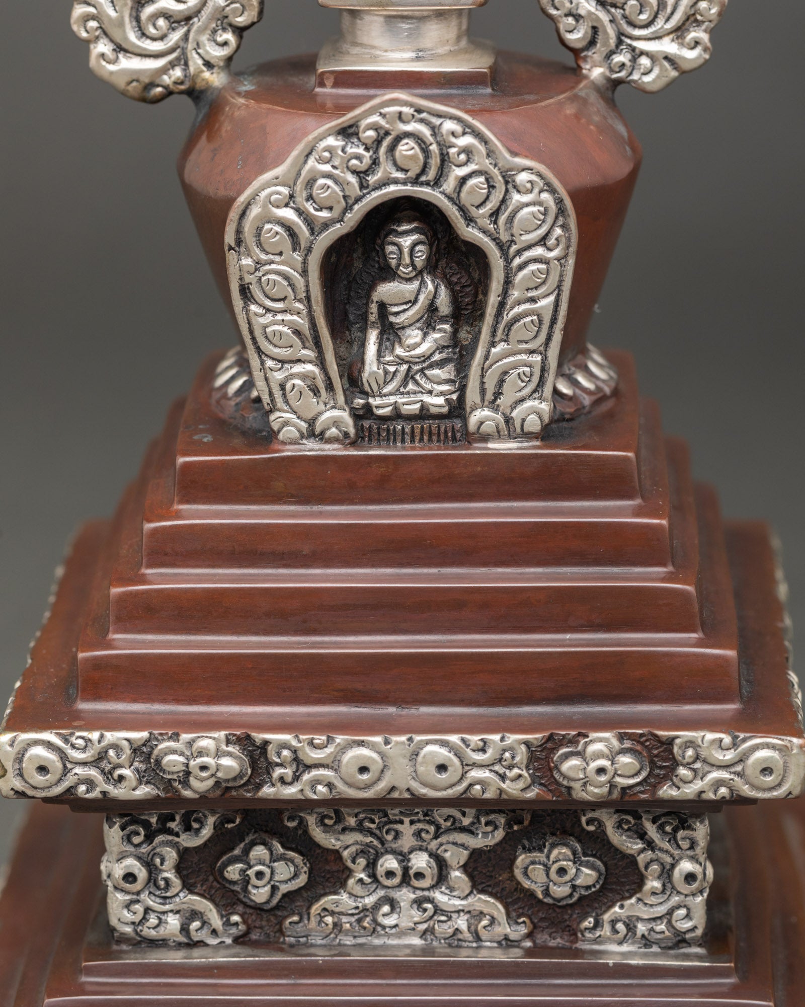 Oxidized Copper Shakyamuni Buddha Stupa | Himalayan Buddhist Shrine