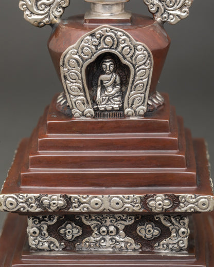 Oxidized Copper Shakyamuni Buddha Stupa | Himalayan Buddhist Shrine