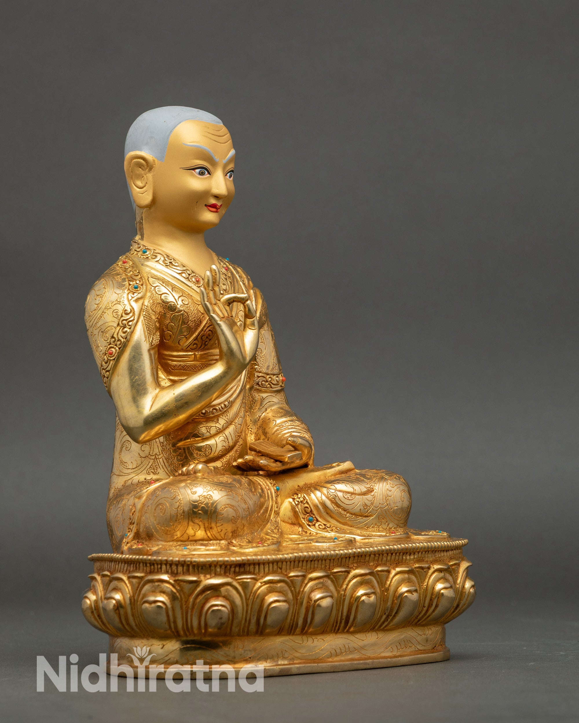 Tsongkhapa with Two Disciples | Handmade 24K Gold Nepalese Sculpture
