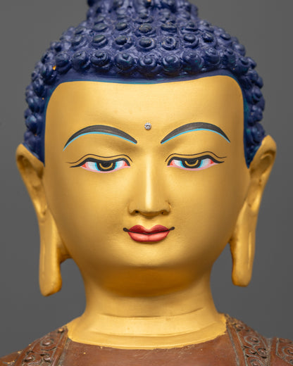 Tibetan Shakyamuni Buddha Statue – Oxidized Copper with Gold Face