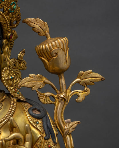 Green Tara Statue | Fully Gold Fire-Gilded Copper Sculpture