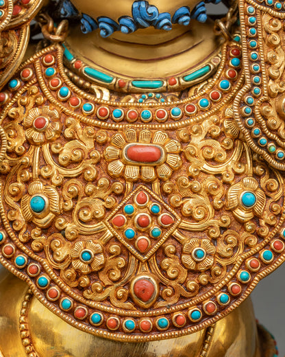 Crown Dzambhala On Throne Statue | Buddhist Wealth Deity Figure