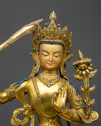 Bodhisattva of Wisdom Manjushri Statue | 24K Fire Gold-Gilded Sculpture