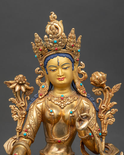 White Tara Blessing Statue | Gold Fire-Gilded Nepalese Buddhist Artwork