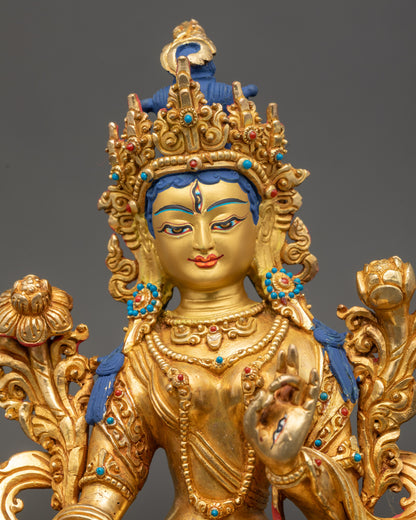 Close up White Tara golden face seven eyes jeweled crown Buddhist art