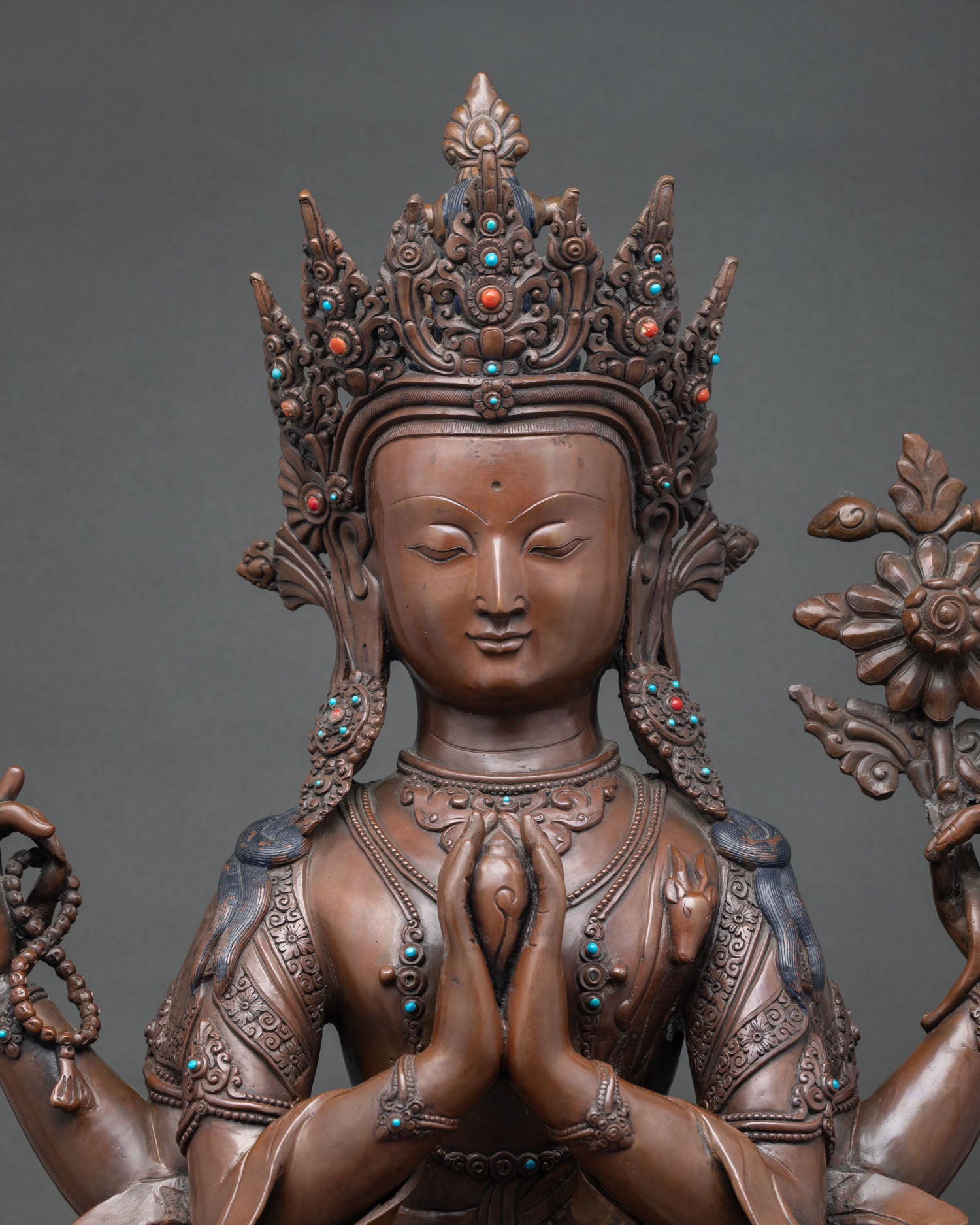 Four-Armed Chenrezig Statue | Oxidized Copper Sculpture