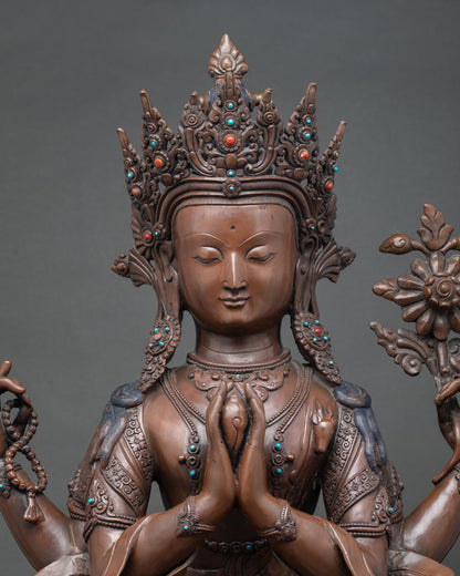 Four-Armed Chenrezig Statue | Oxidized Copper Sculpture