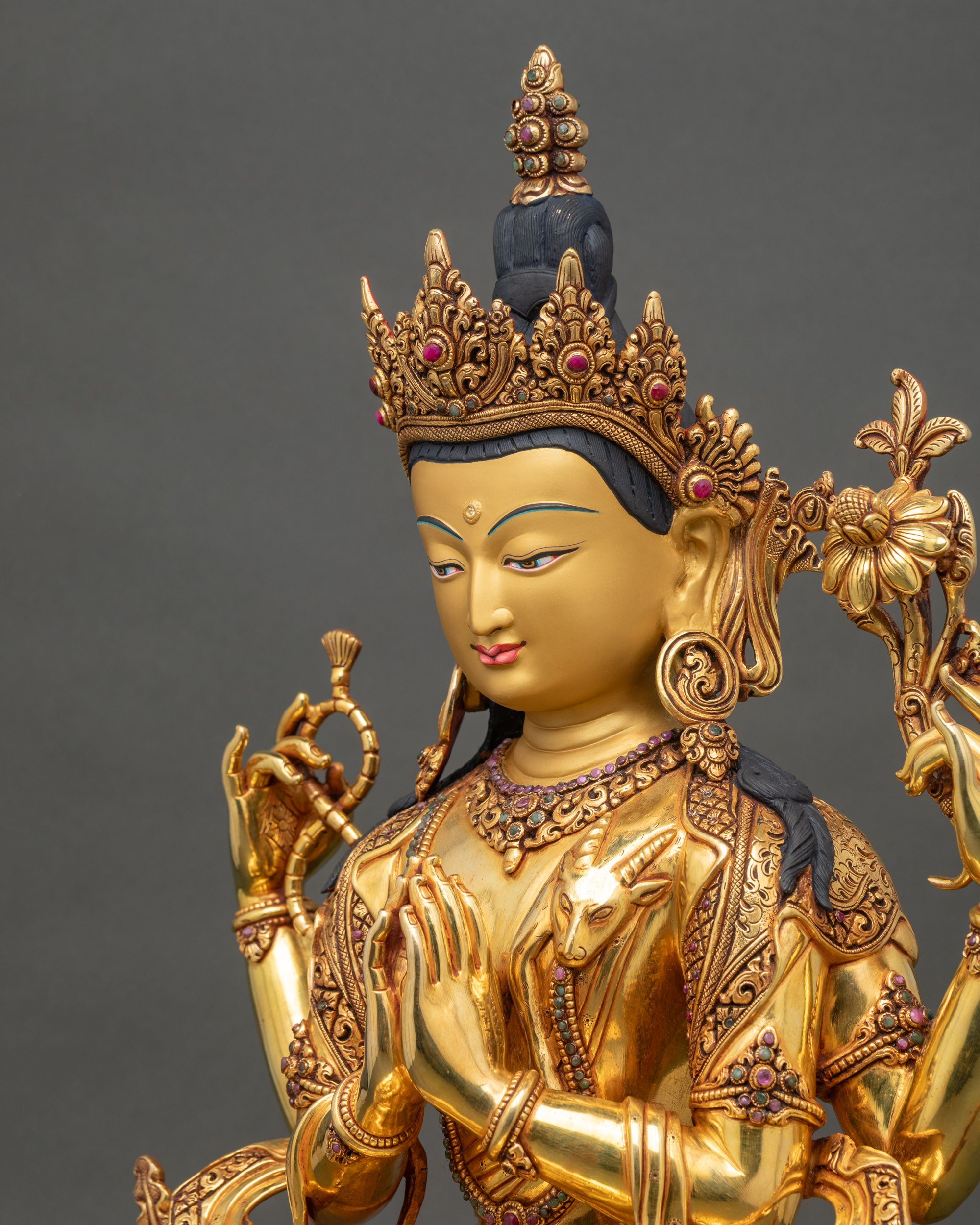 Chenrezig Statue detailed side close up highlighting flowing robes