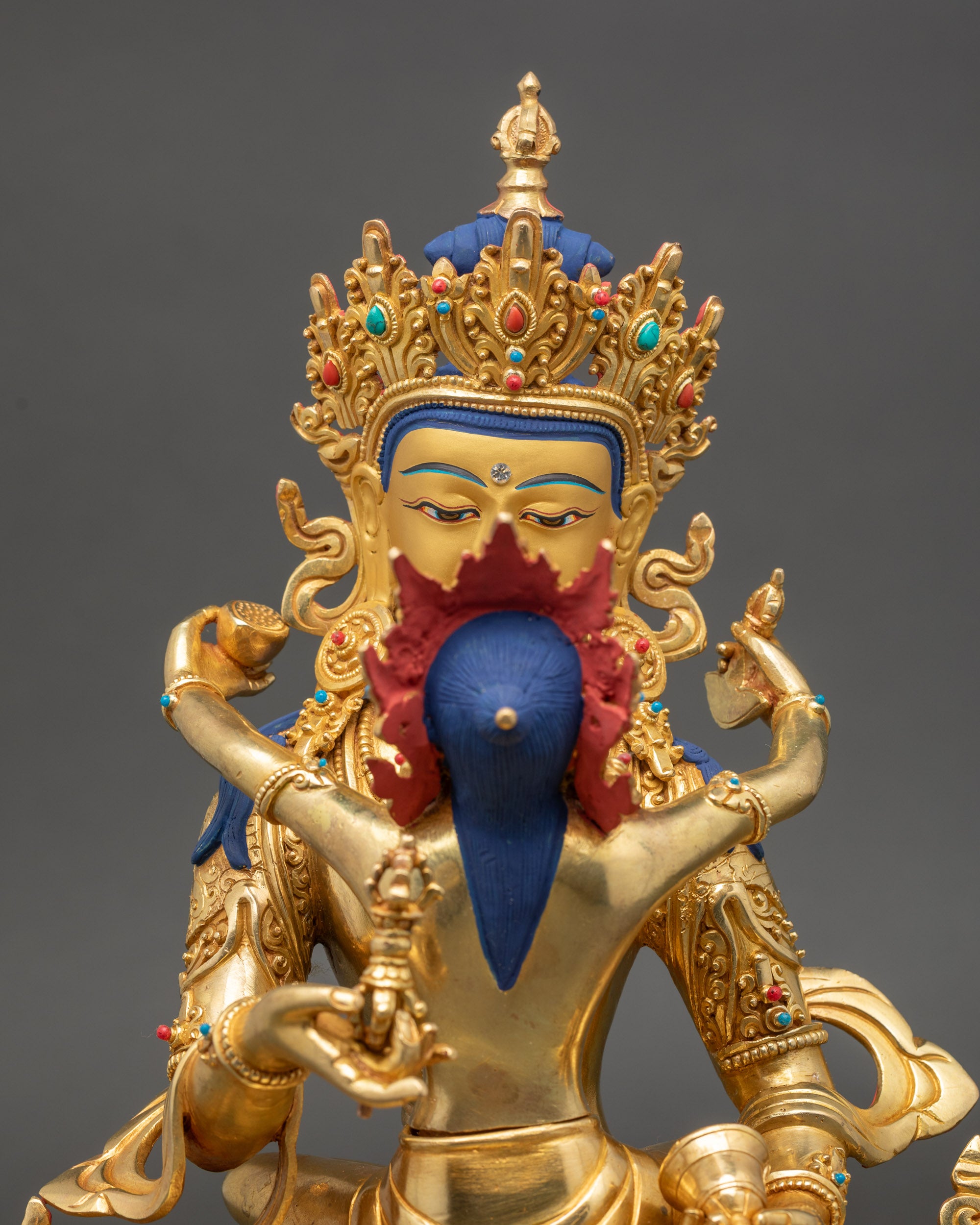 ajrasattva with consort sculpture, vajra and bell, semi-precious stones