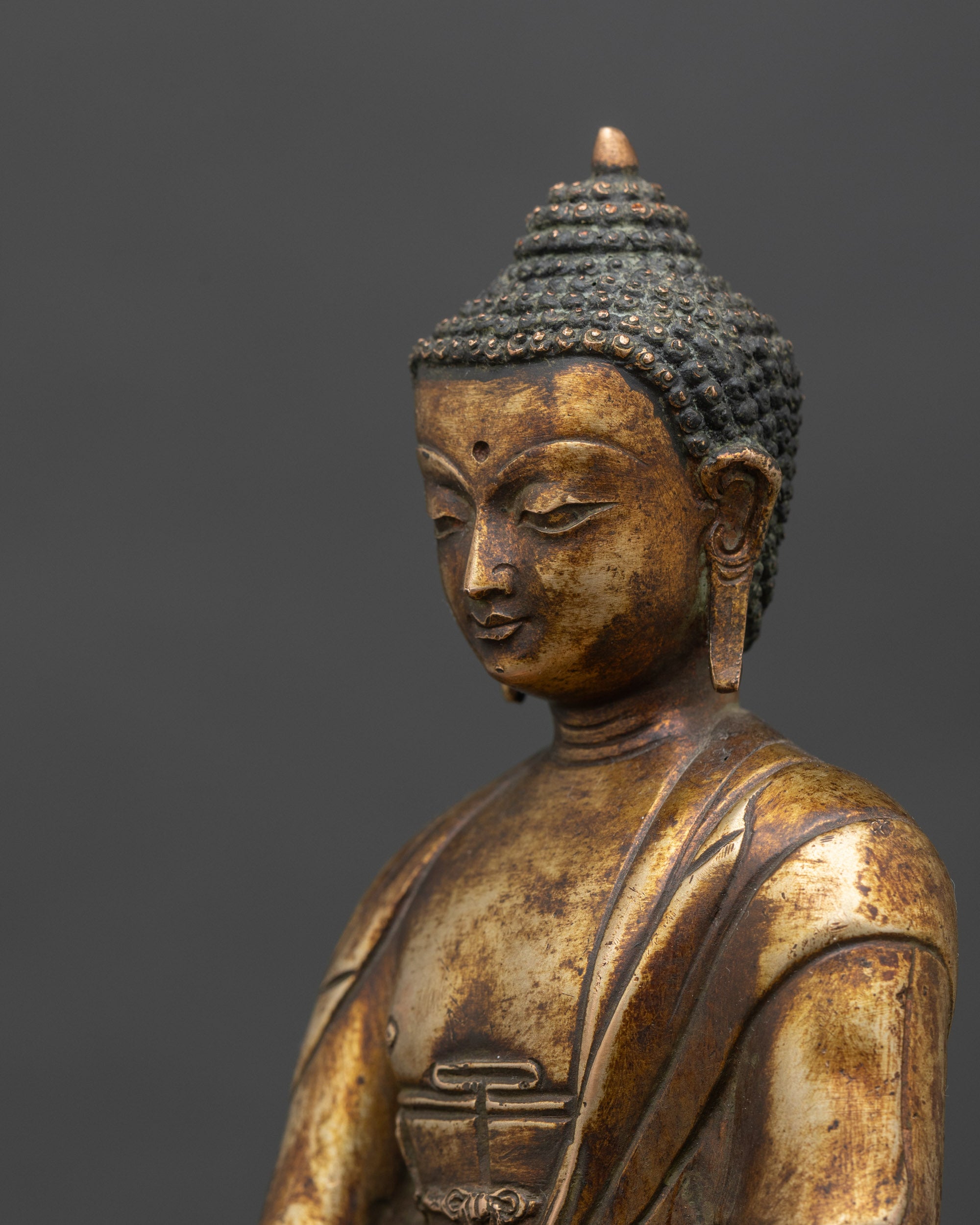 Side close-up of Shakyamuni Buddha statue, showing floral halo and ornate details