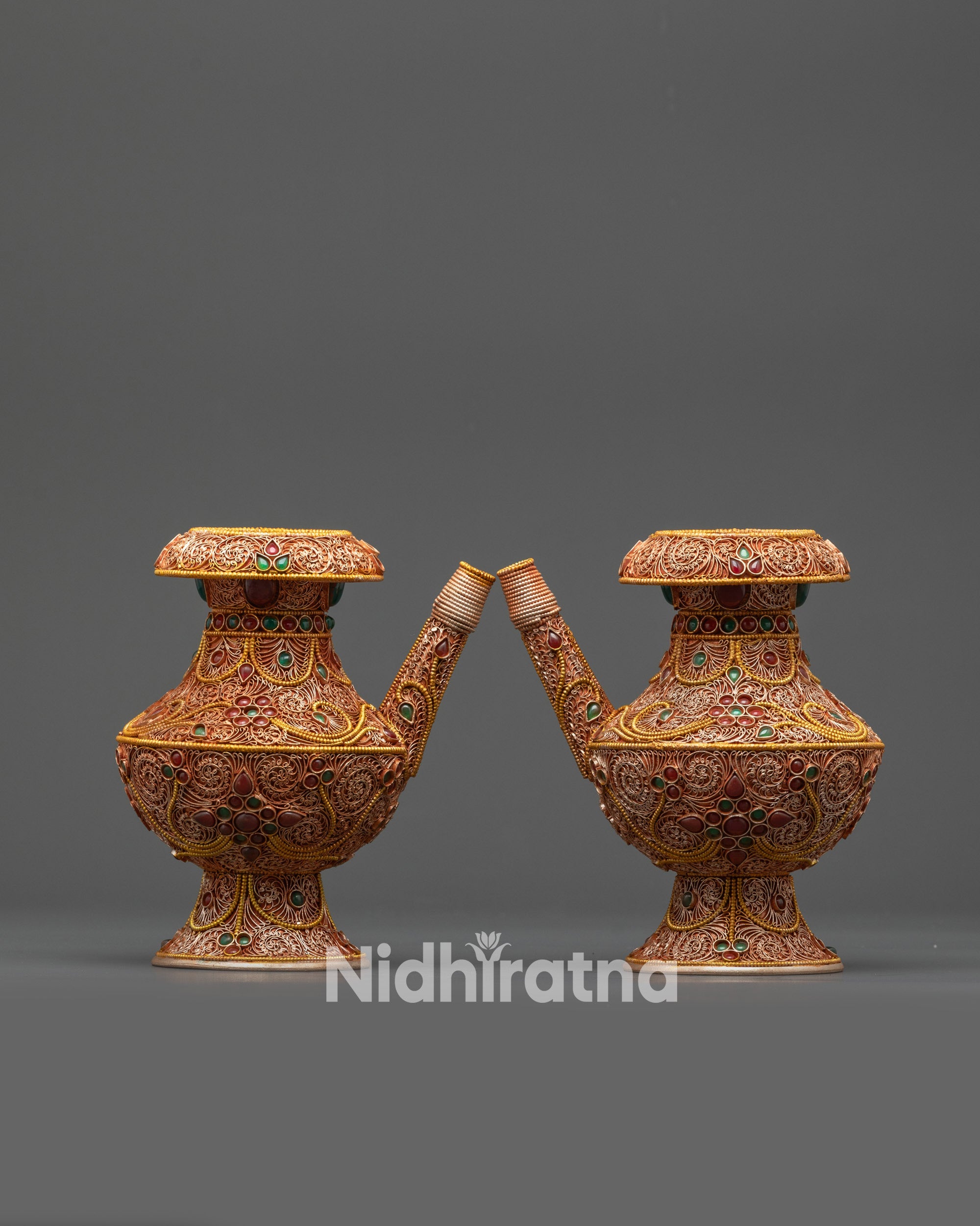 Copper Filigree Karuwa Water Pots with Semi-Precious Stones