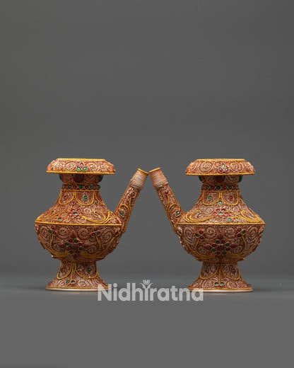 Copper Filigree Karuwa Water Pots with Semi-Precious Stones