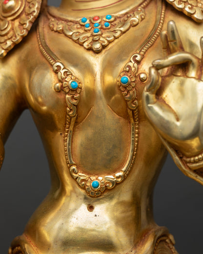 Green Tara Statue on Ornate Snow Lion Throne |  Handmade in Nepal