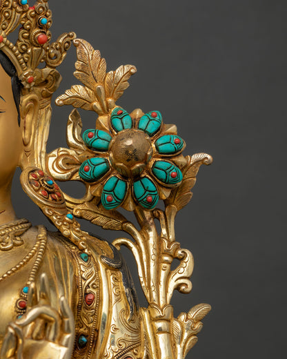 Green Tara Statue | 24K Gold Gilded Copper Buddhist Art