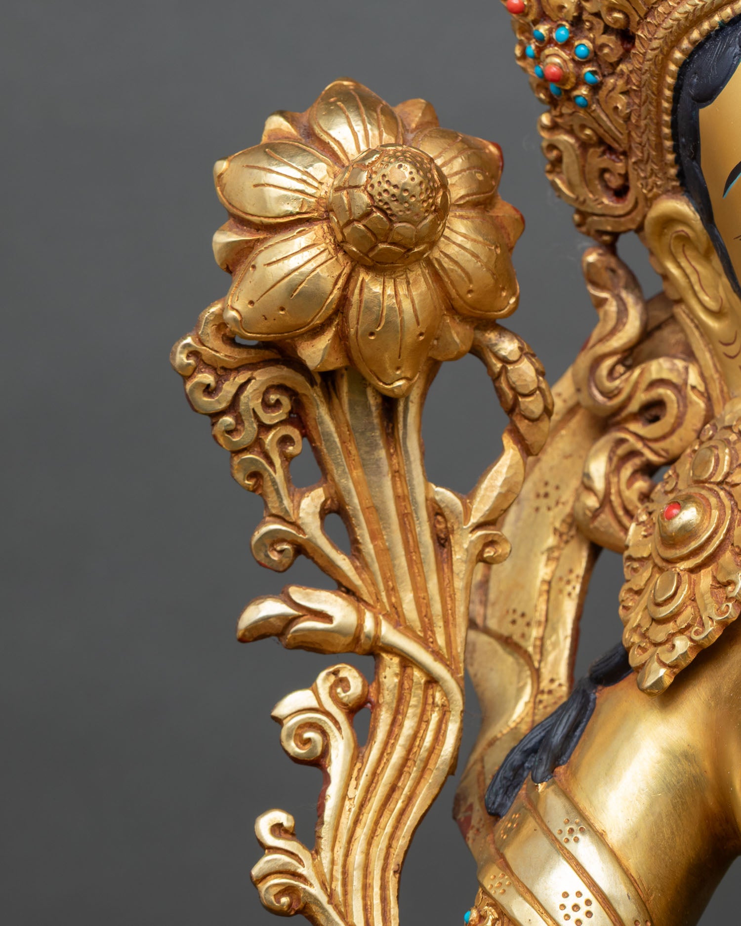 Green Tara Statue on Ornate Snow Lion Throne |  Handmade in Nepal