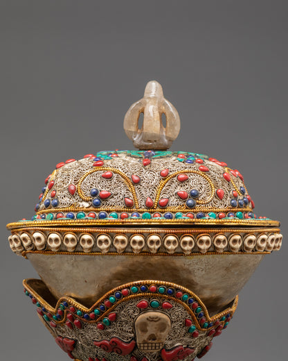 Sacred Skull Cup Kapala Set | Buddhist Ritual Offering for Altar Use