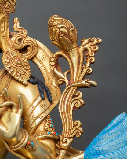 Green Tara Statue on Ornate Snow Lion Throne |  Handmade in Nepal