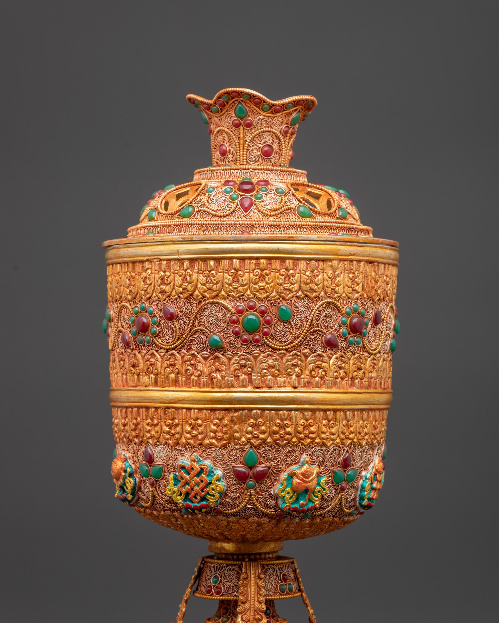 Copper Butter Lamp with Kalash Base | Himalayan Ritual Item Artwork