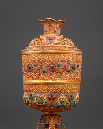 Copper Butter Lamp with Kalash Base | Himalayan Ritual Item Artwork