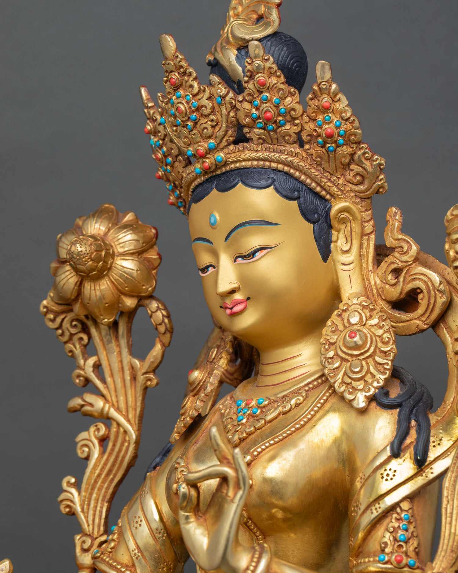 Green Tara Statue on Ornate Snow Lion Throne |  Handmade in Nepal