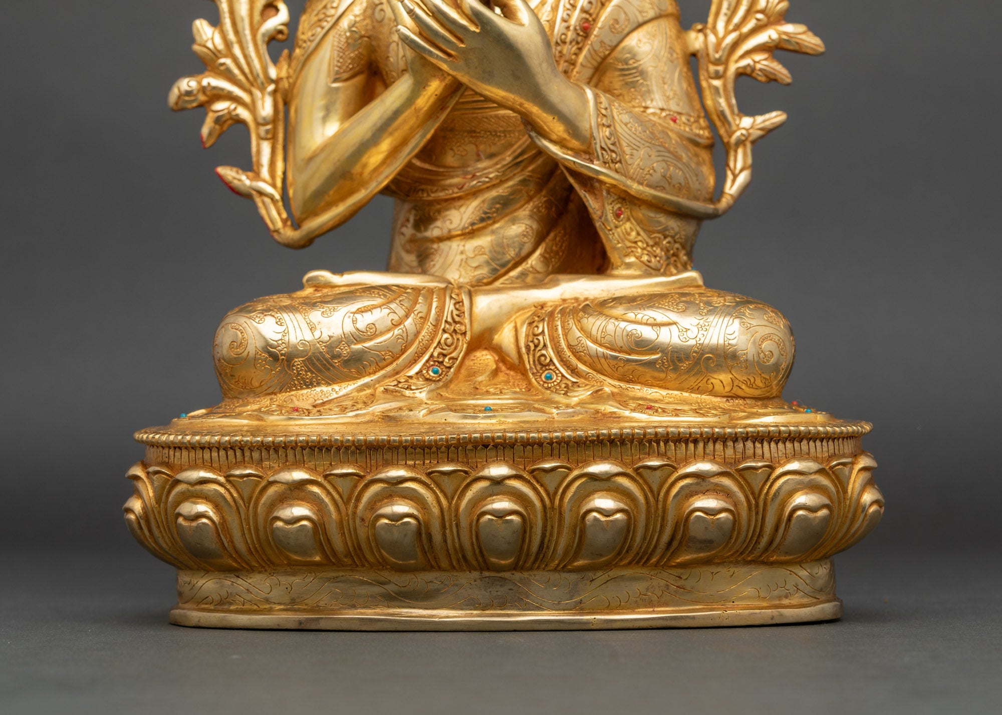 Tsongkhapa with Two Disciples | Handmade 24K Gold Nepalese Sculpture