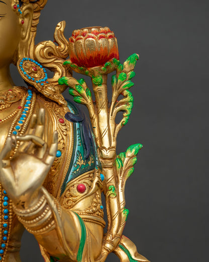 Enthroned Green Tara Statue | Multicolor Nepali Buddhist Artwork