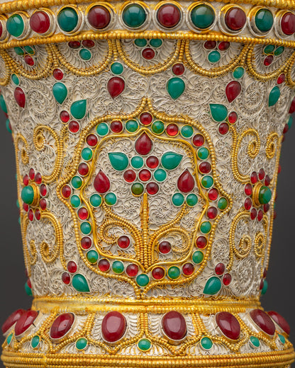 Silver & Gold-Plated Himalayan Vase | Spiritual Offering Art Nepal