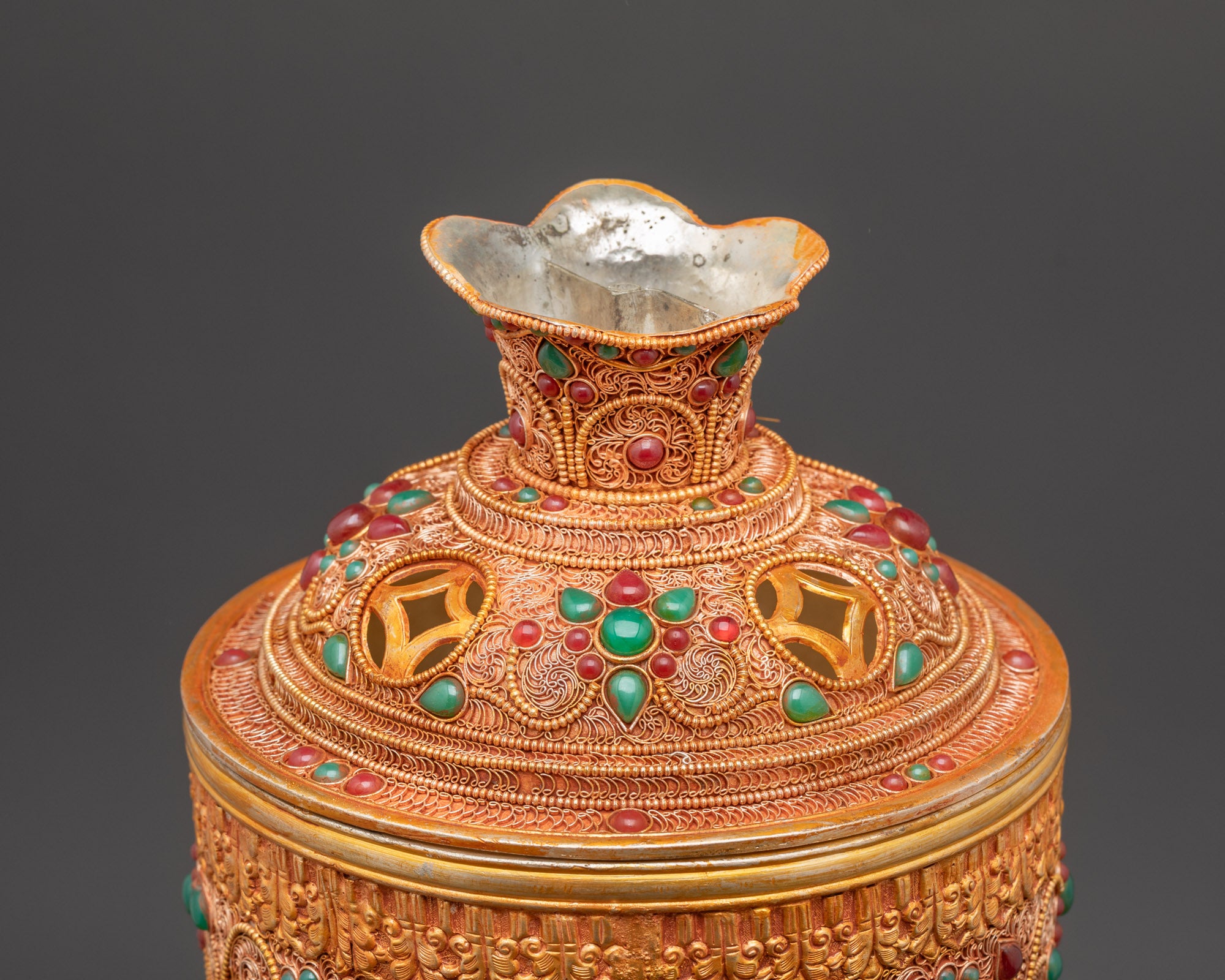 Copper Butter Lamp with Kalash Base | Himalayan Ritual Item Artwork