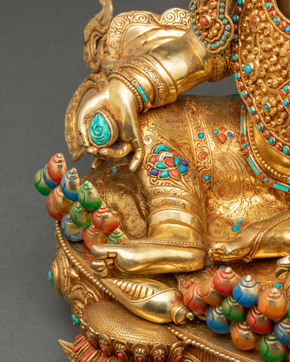 Crown Dzambhala On Throne Statue | Buddhist Wealth Deity Figure