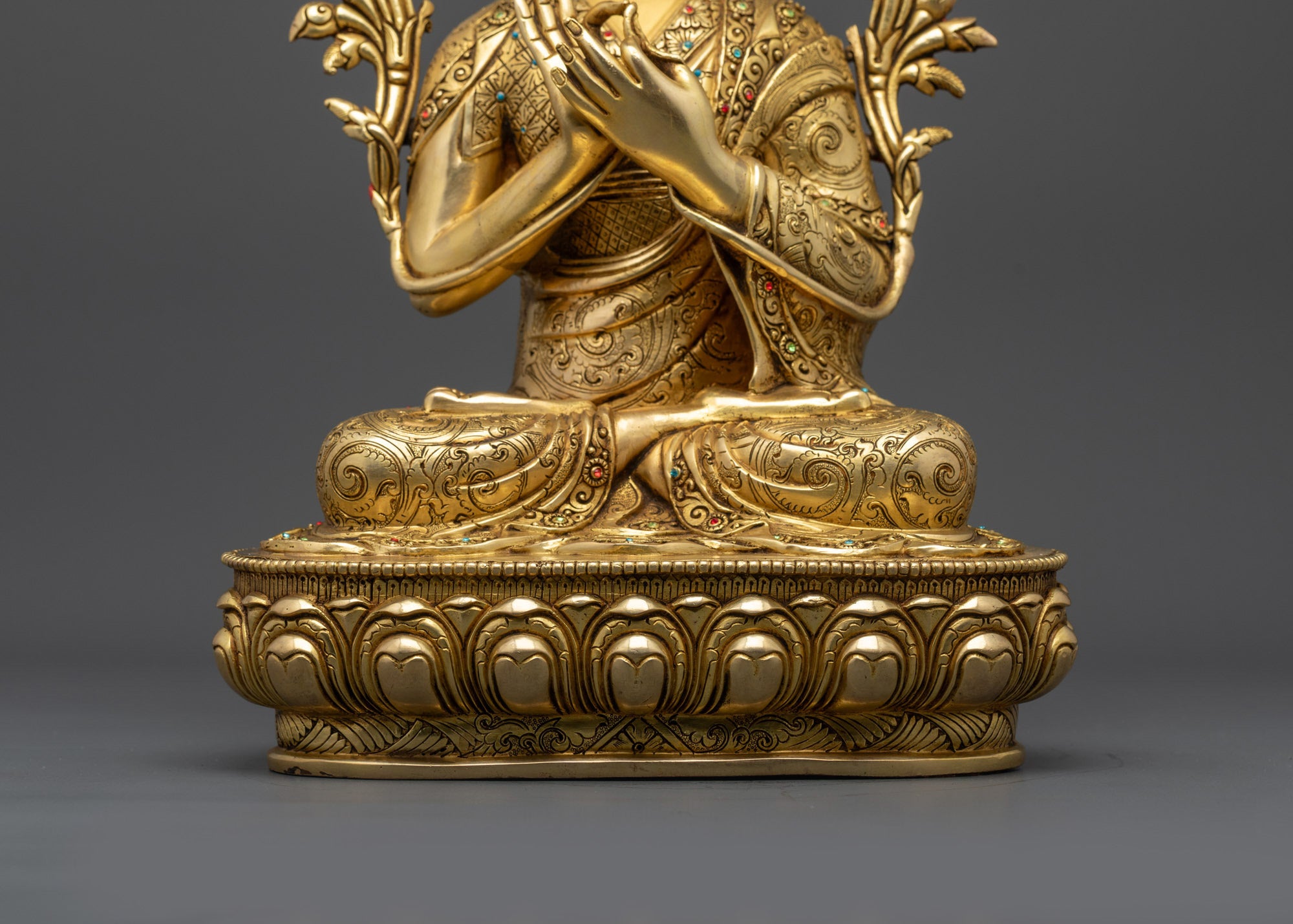 Lama Je Tsongkhapa Set Statue | 24K Gold-Gilded Gelug Master Trio