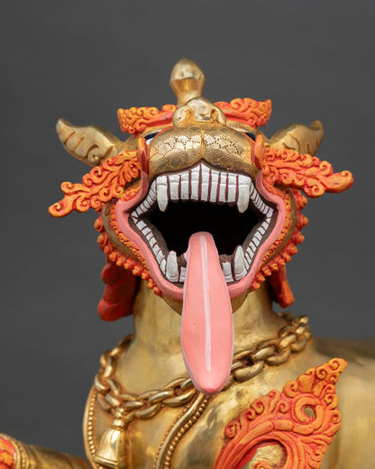 Green Tara Statue on Ornate Snow Lion Throne |  Handmade in Nepal