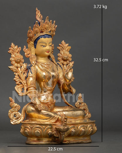 Green Tara Statue | 24K Gold Gilded Copper Art