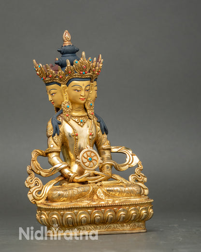 Side view Vairocana Buddha statue, intricate carved robe, jeweled ornaments, meditation decor