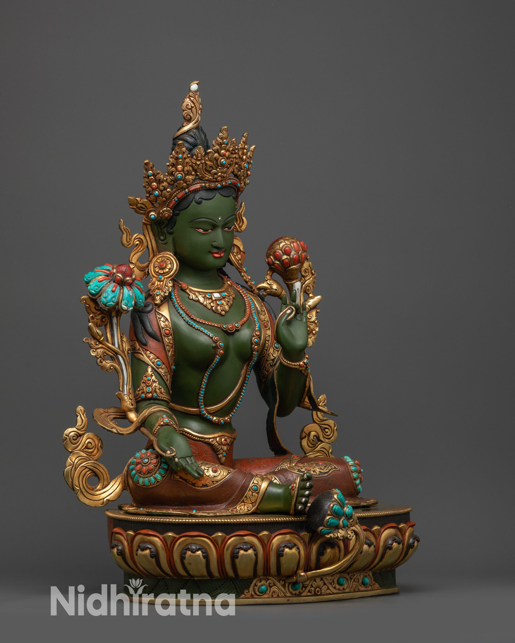 Hand-painted Serene Green Tara Statue | Tibetan Buddhist Sculpture