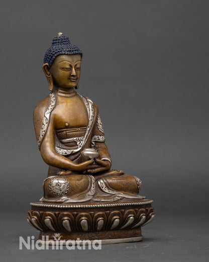 Side view of Amitabha Buddha statue handcrafted by Newari artisan in Patan