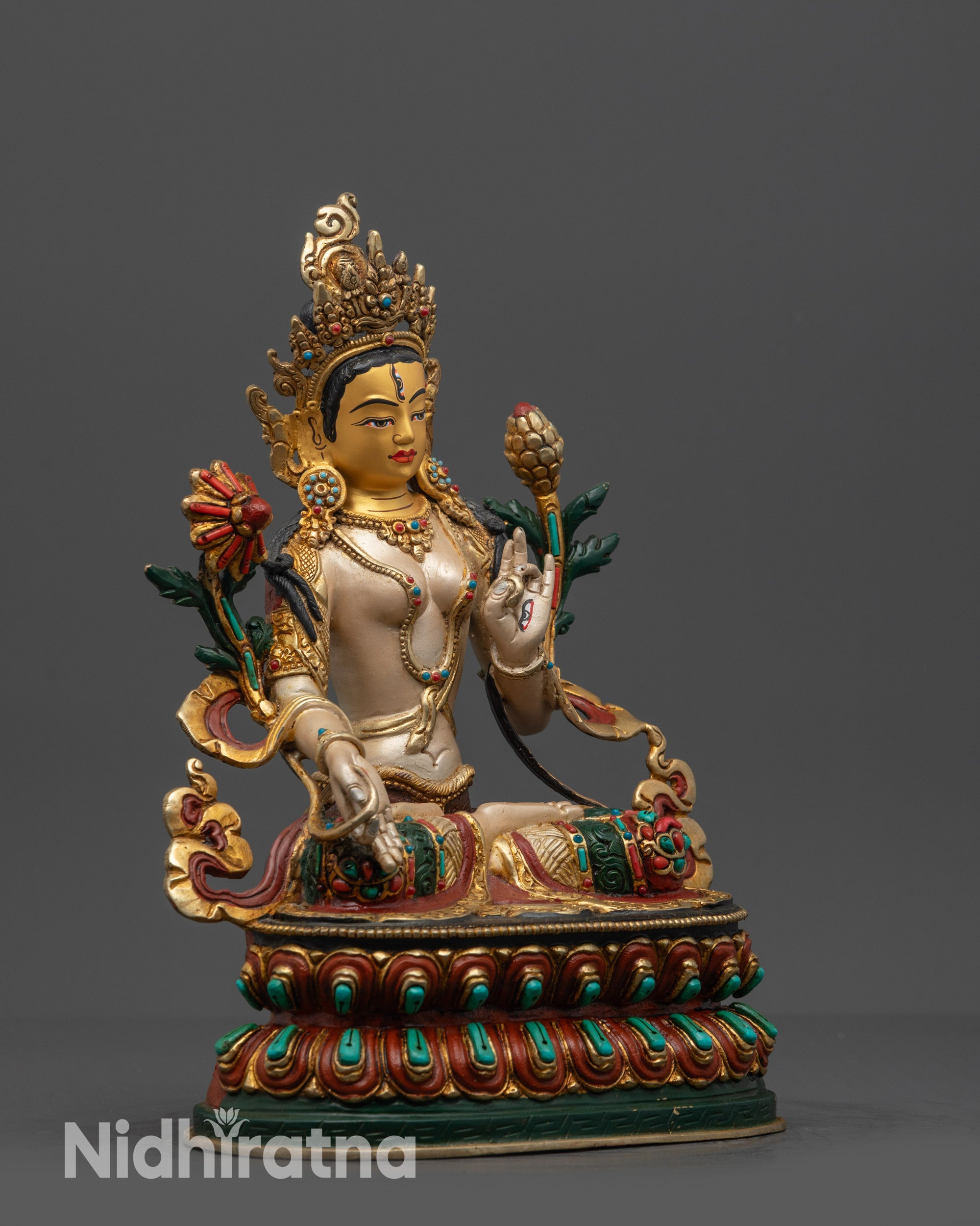 Exquisite White Tara Sculpture | 24k Gold-Gilded Face of Sita Tara