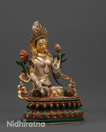 Exquisite White Tara Sculpture | 24k Gold-Gilded Face of Sita Tara