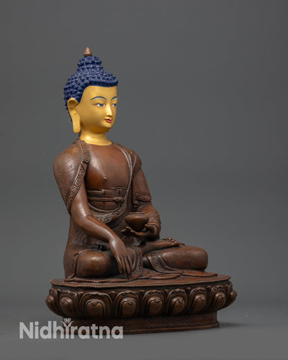 Tibetan Shakyamuni Buddha Statue – Oxidized Copper with Gold Face