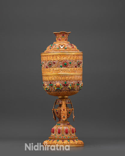 Copper Butter Lamp with Kalash Base | Himalayan Ritual Item Artwork