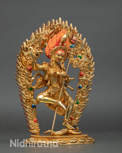 Side view Troma Nangmo statue, ritual kartrika knife, flaming halo