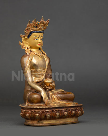 Right view side Buddha Shakyamuni Statue on lotus seat holding patra bowl in hand
